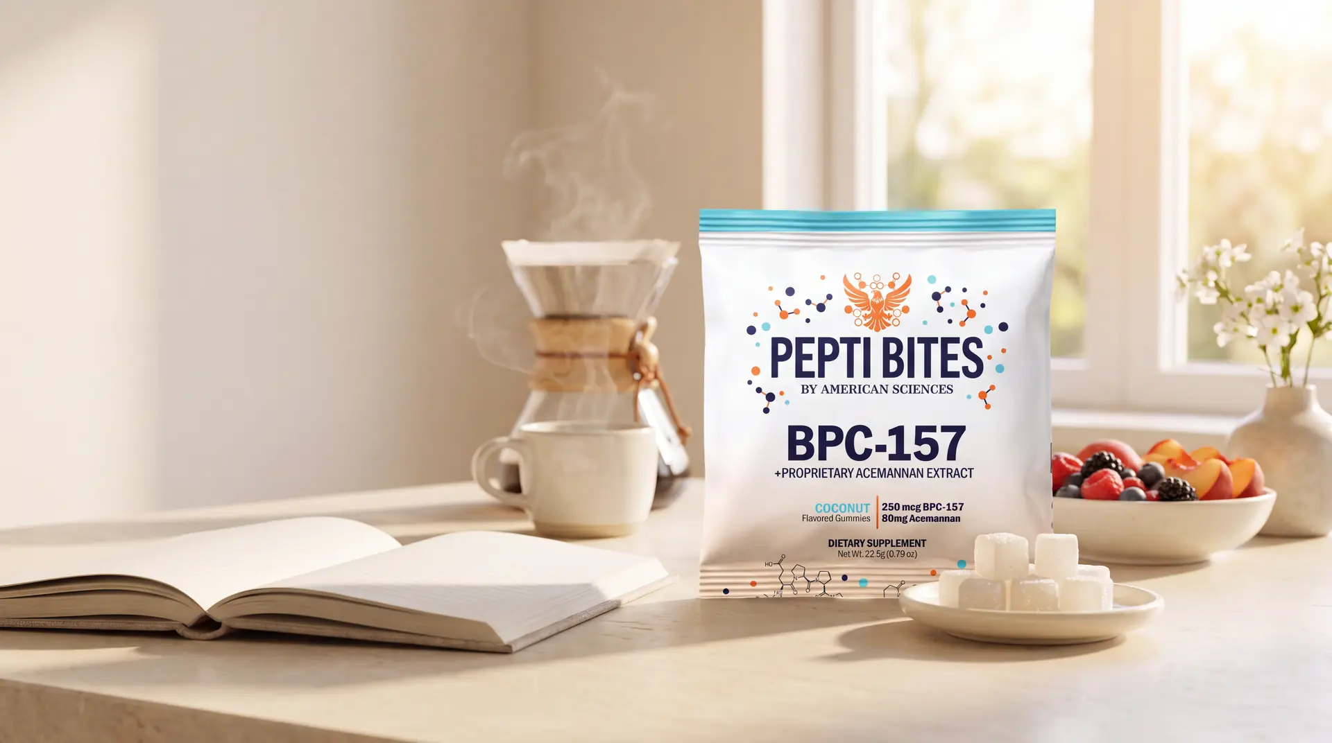 Pepti Bites Coconut bag on a sunlit kitchen table, beside a coffee pour-over, an open book and a bowl of fruit