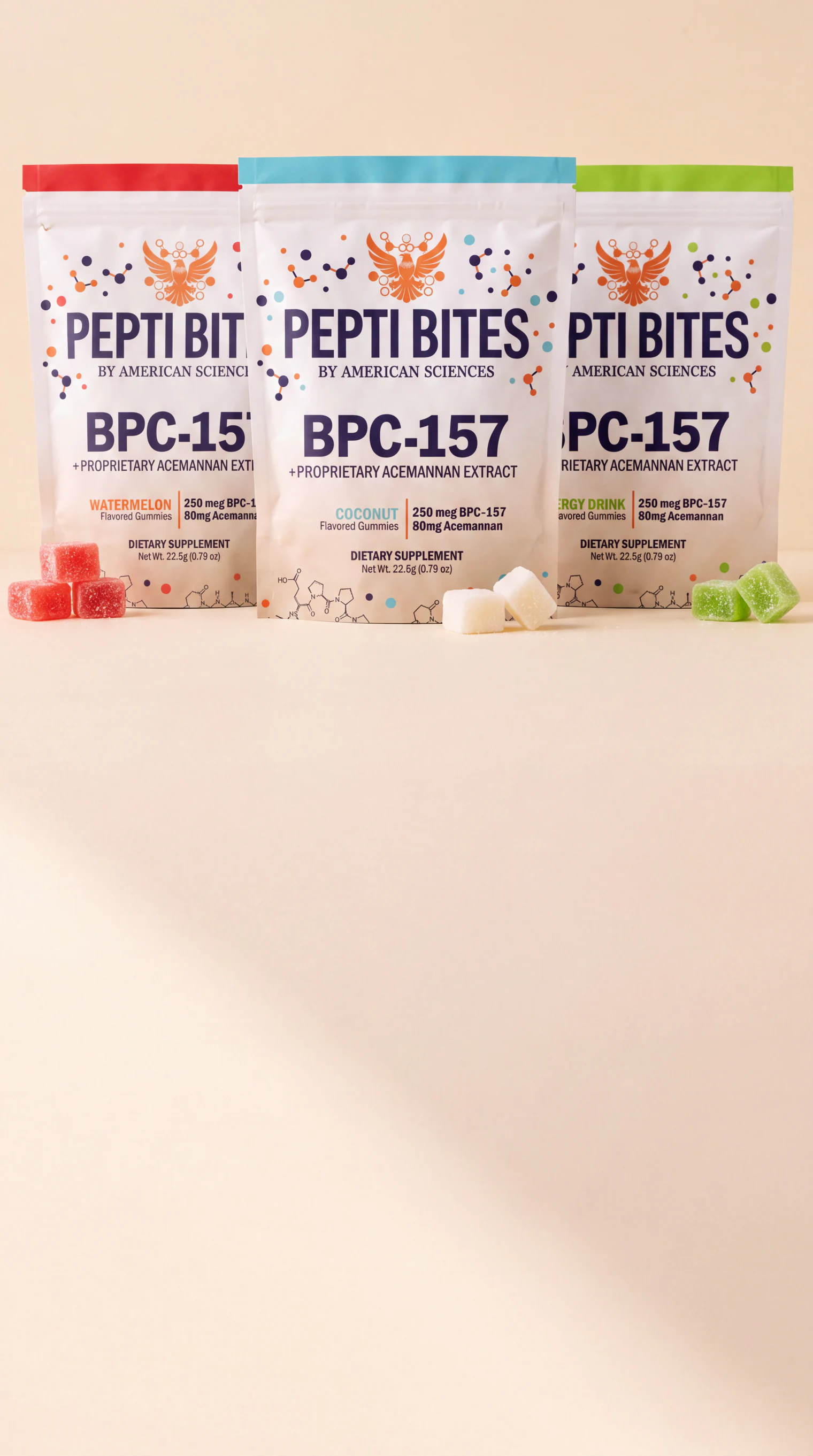 Labelled Pepti Bites pouches with cube gummies on a sunlit cream counter