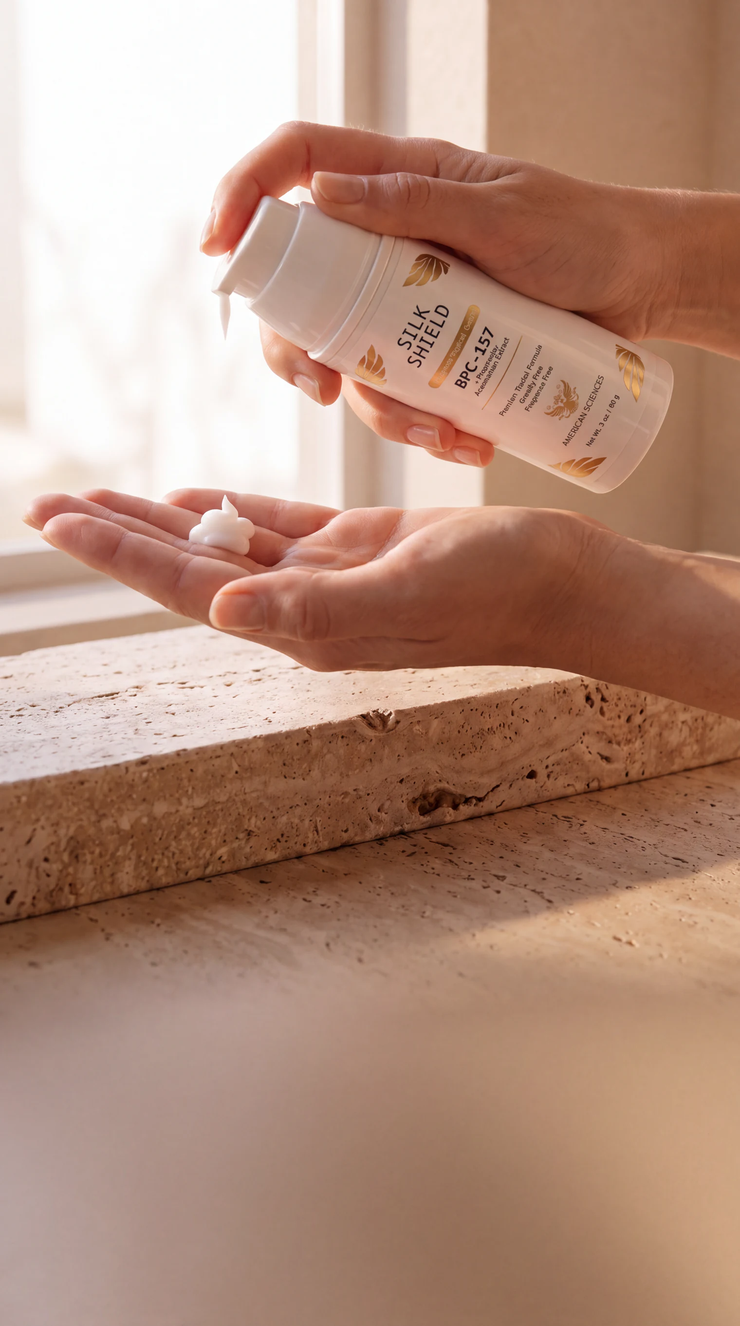 Labelled Silk Shield bottle dispensing cream into an open palm on a sunlit travertine ledge