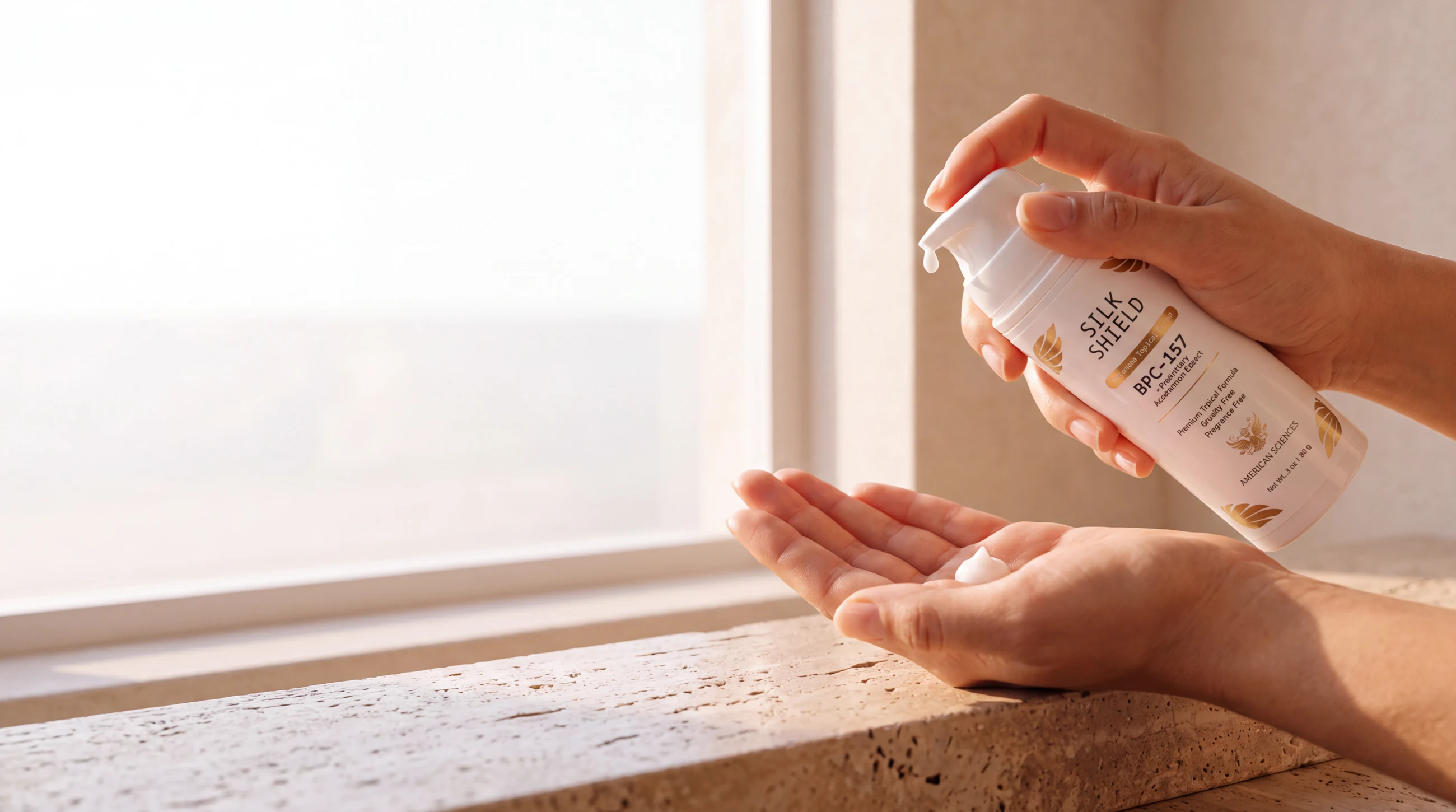 Labelled Silk Shield bottle dispensing cream into an open palm on a sunlit travertine ledge